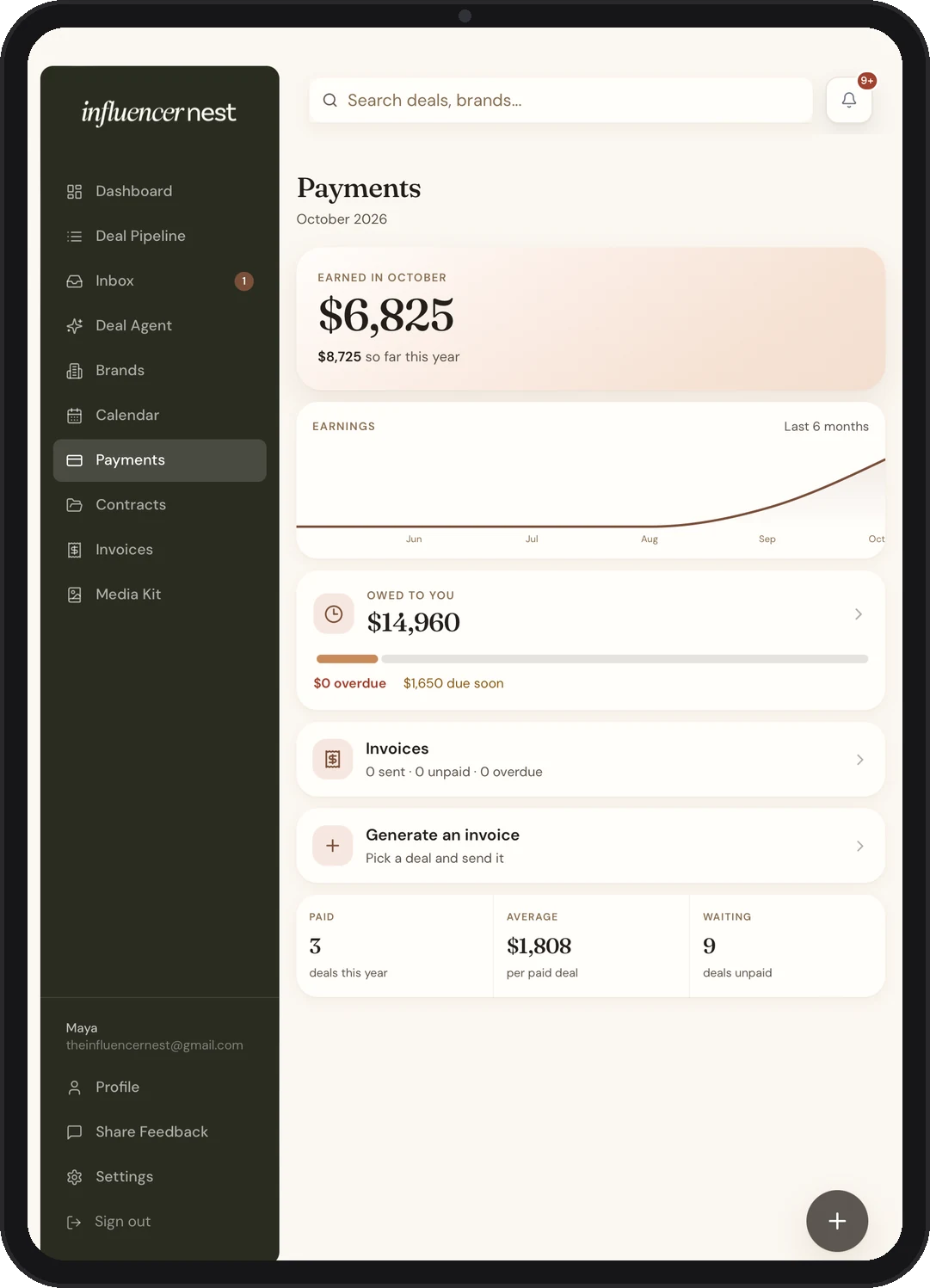 The Payments page on iPad, showing earnings this month, an earnings chart, money owed and invoices